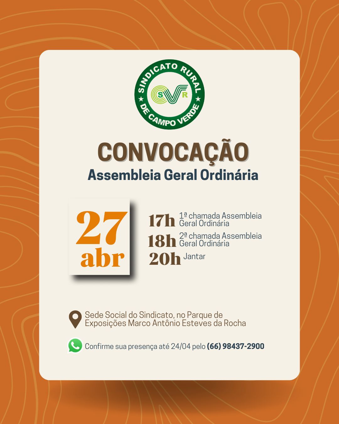 Sindicato Rural de Campo Verde convoca associados para Assembleia Geral Ordinária no dia 27 de abril