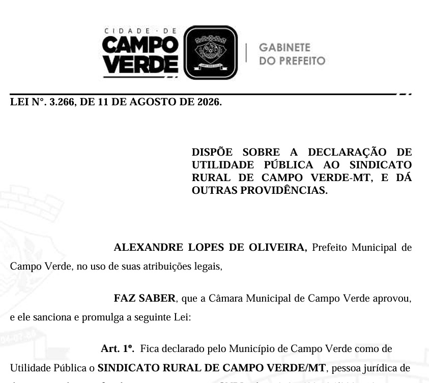Sindicato Rural de Campo Verde é declarado de Utilidade Pública Municipal